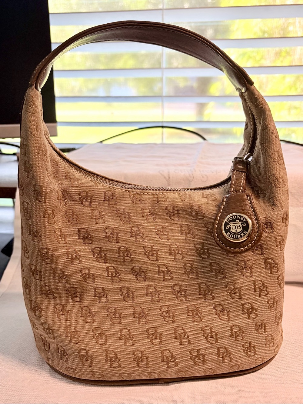 Vintage Dooney & Bourke Tan Logo-Print Hobo Bucket Shoulder Bag